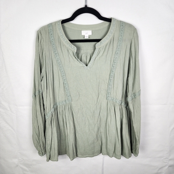 J Jill Top Womens M Green Split Neck Embroidered Crochet Trim Boho Tunic Peasant - Picture 1 of 6